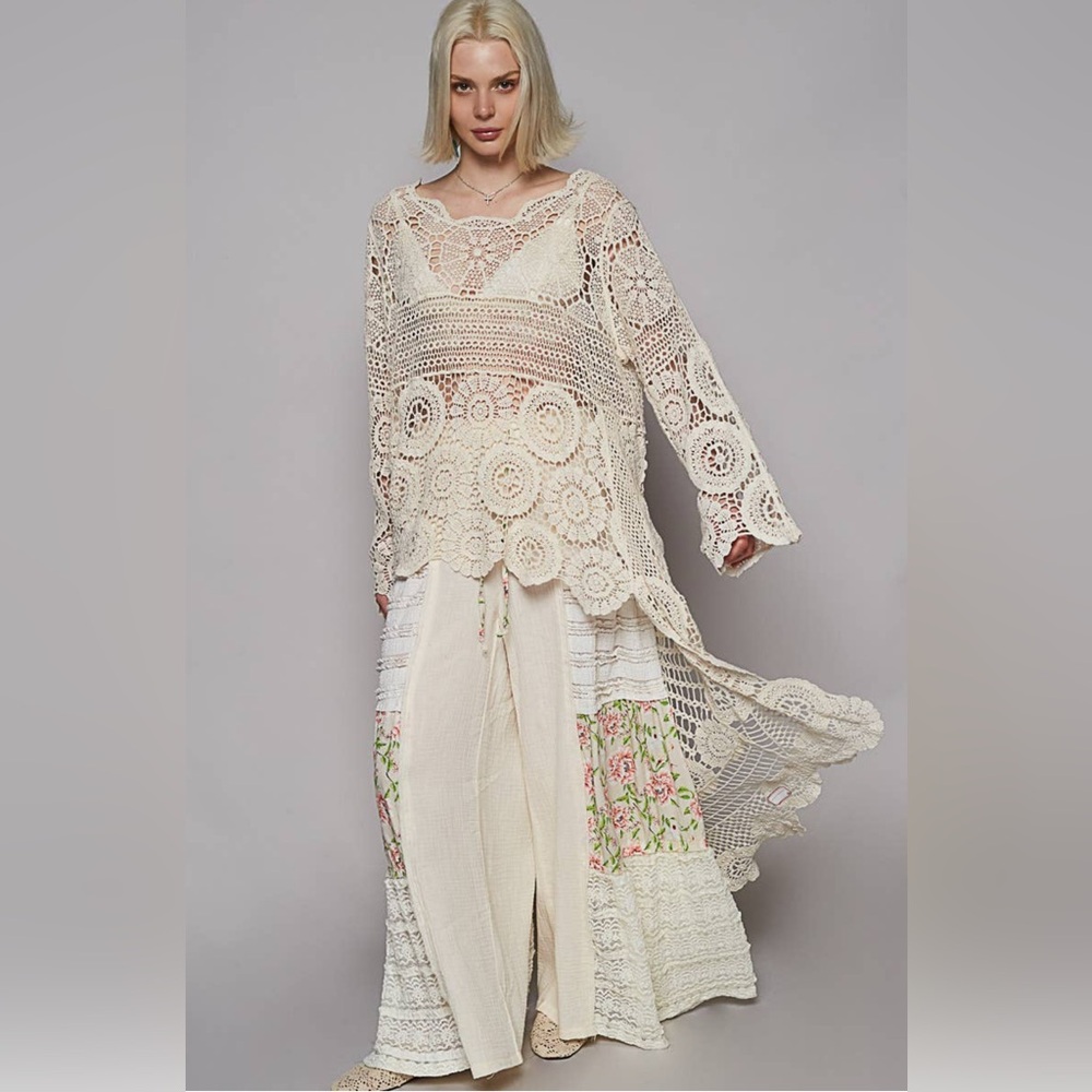 # 205 Pol Bohemian Cream Crochet High-low Long Sleeve top